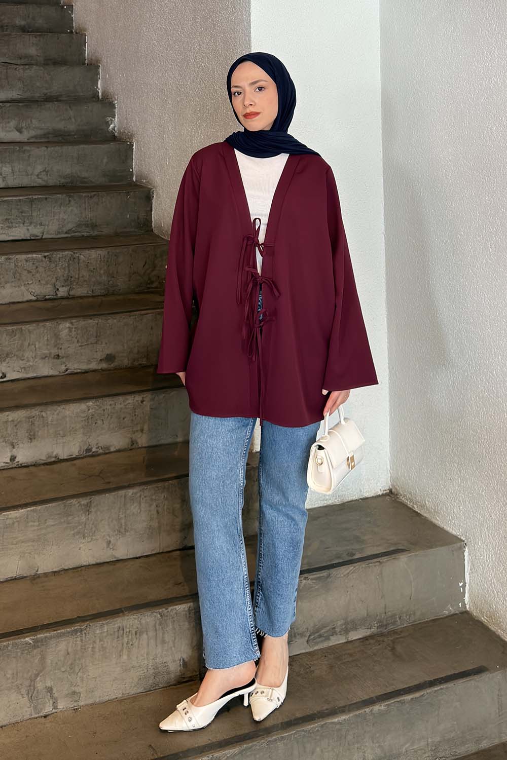 Lamelif Bağlama Detaylı Kimono Tunik Mürdüm