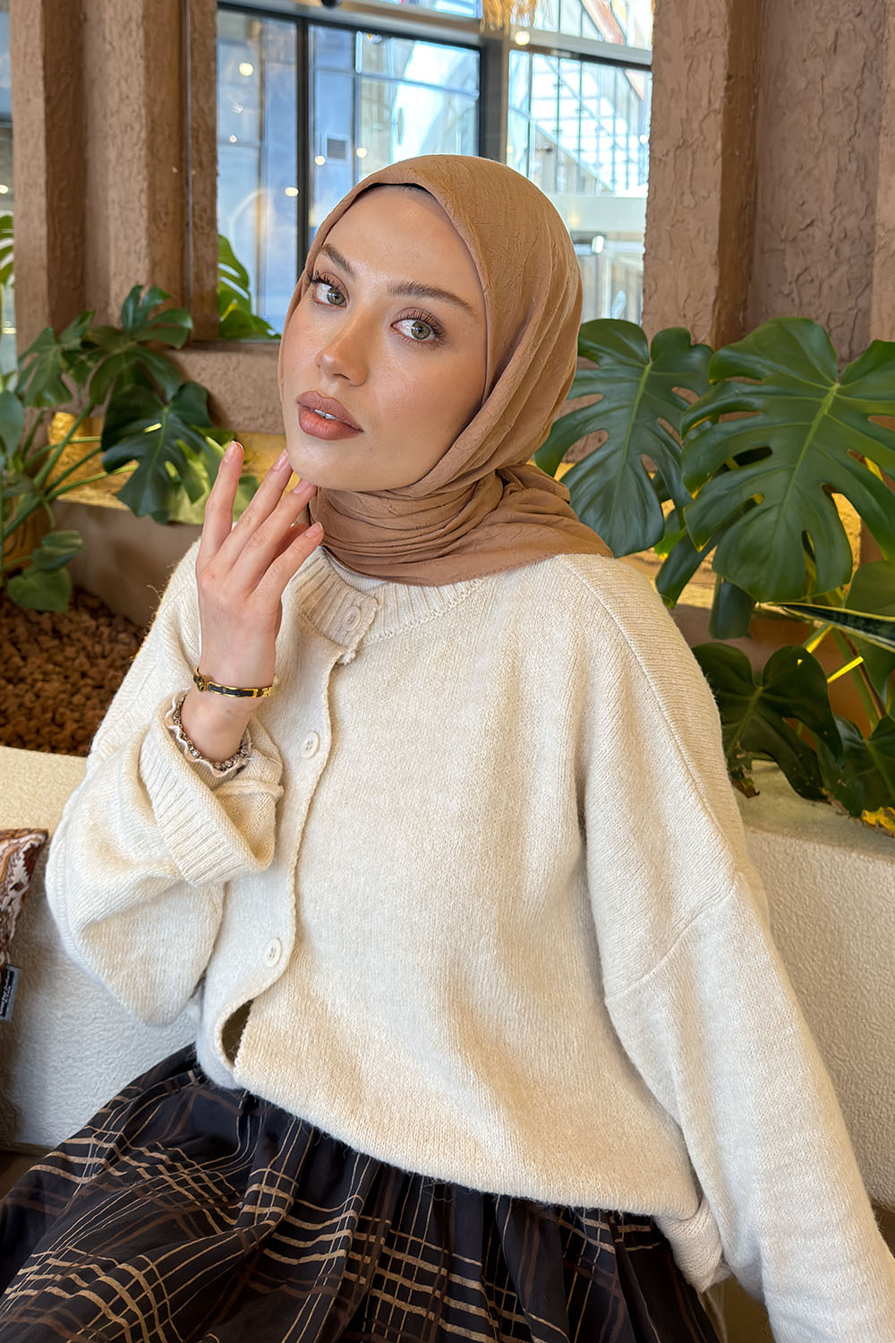 Milky Brown Bone Cotton Fabric Straight Scarf