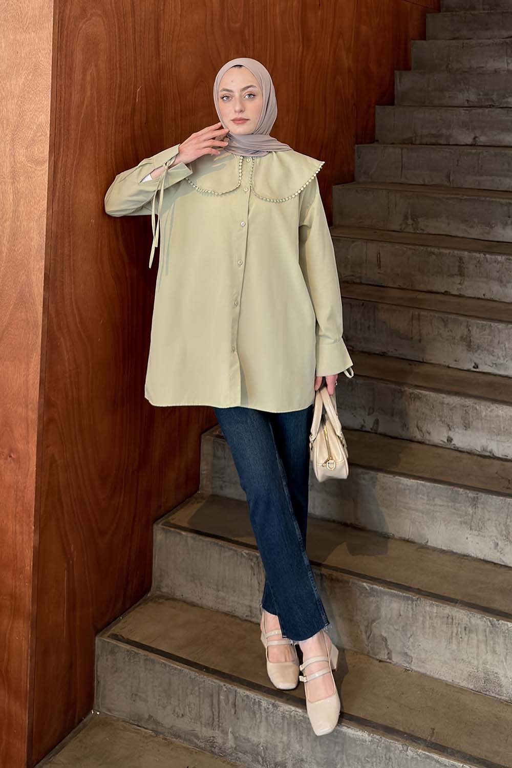 Lamelif Bebe Yaka Dantel Detaylı Gömlek Çağla Yeşili