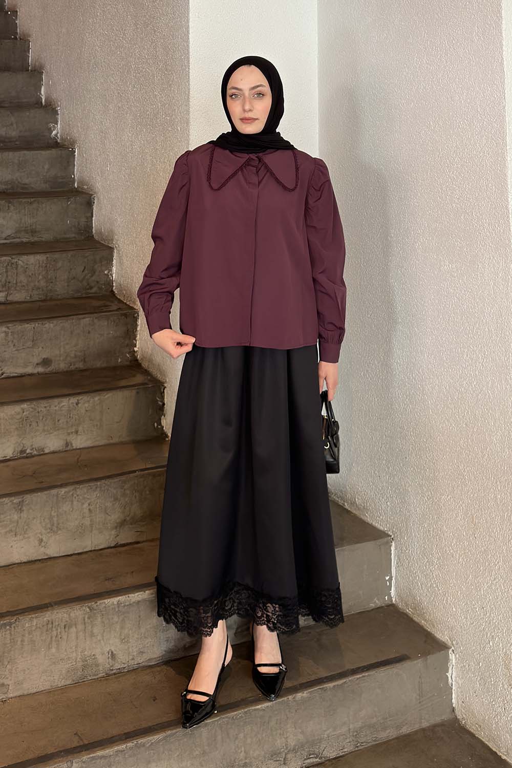 Lamelif Bebe Yaka Dantel Dikişli Gömlek Mürdüm