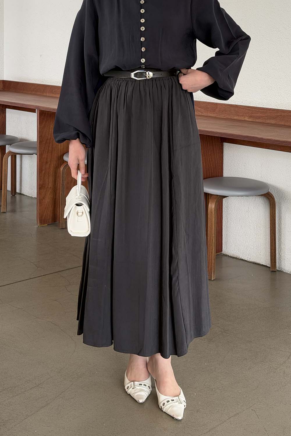 Lamelif Cep Detaylı Tensel Kloş Etek Koyu Füme