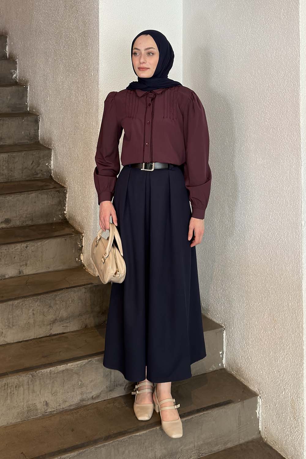 Lamelif Dantel Dikişli Gömlek Mürdüm