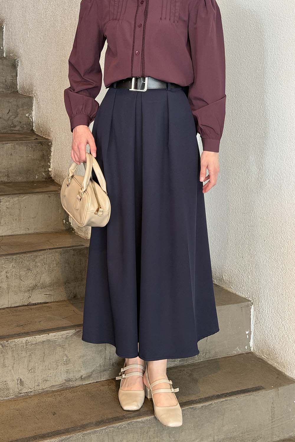 Lamelif Kemerli Tesettür Etek Lacivert