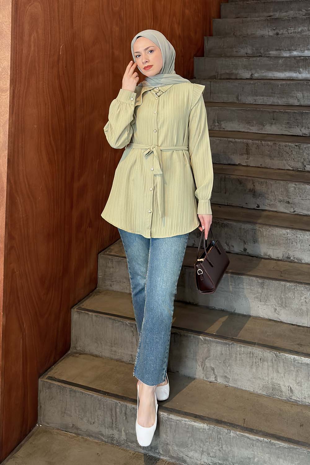 Plum Green Shirt Collar Long Arm Cotton Shirt