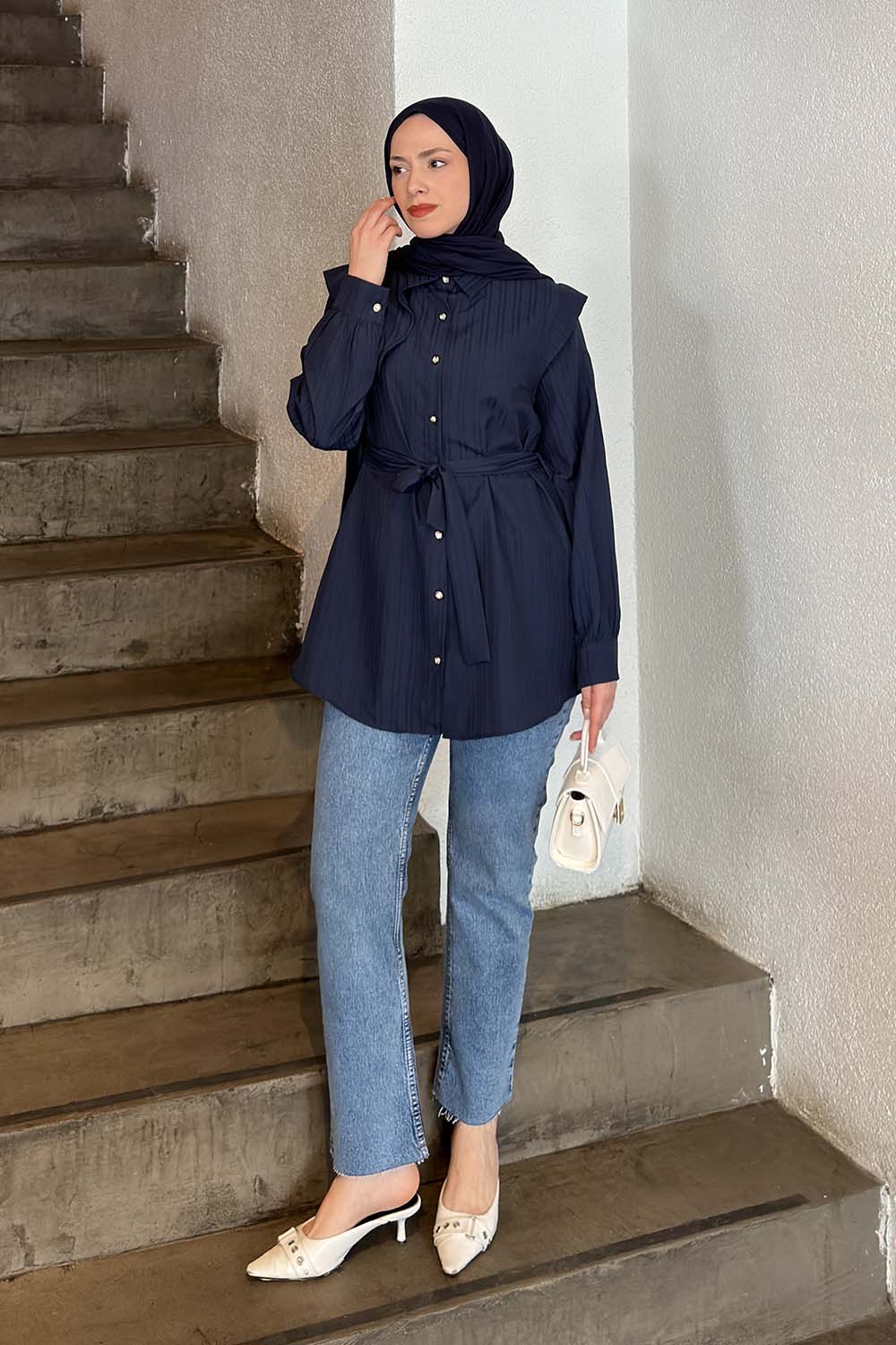 Navy Blue Shirt Collar Long Arm Cotton Shirt