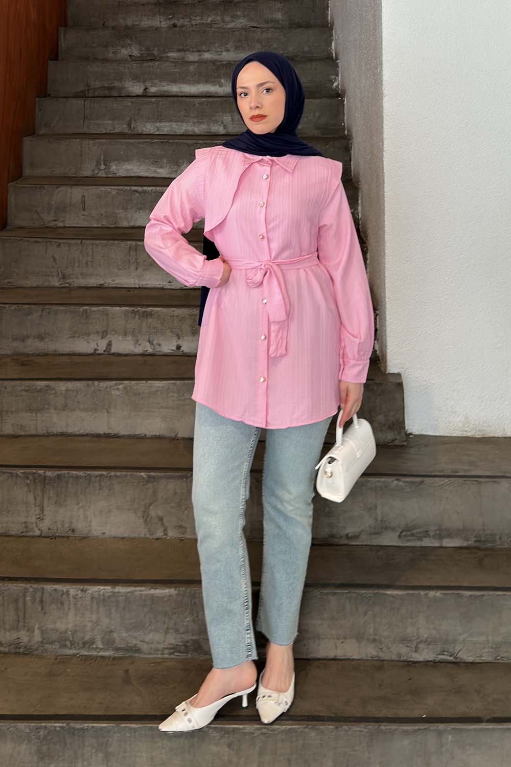 Lamelif Lamelif Vatkalı Yarım Pelerinli Gömlek Pembe