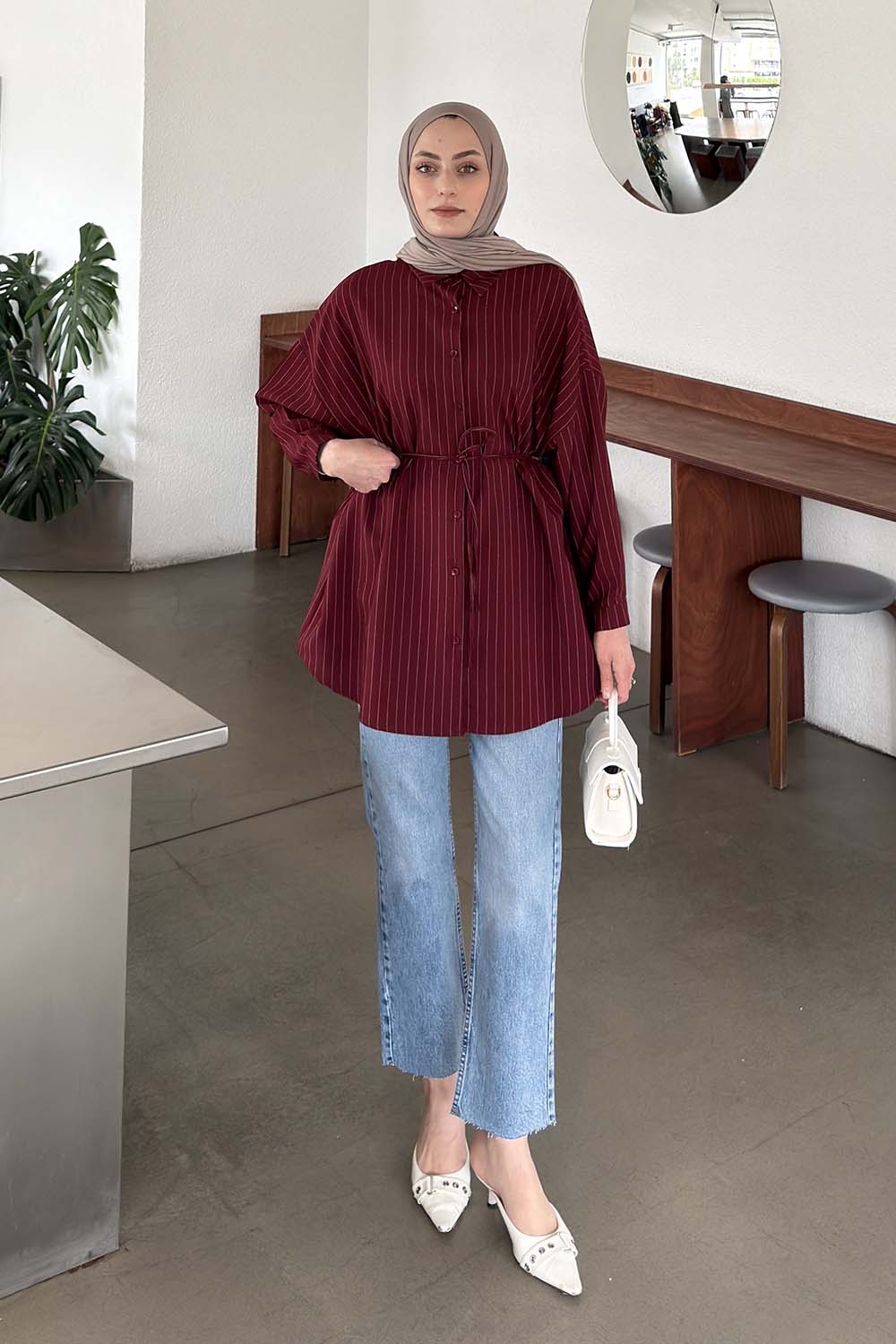 Claret Red Shirt Collar Cotton Tunic