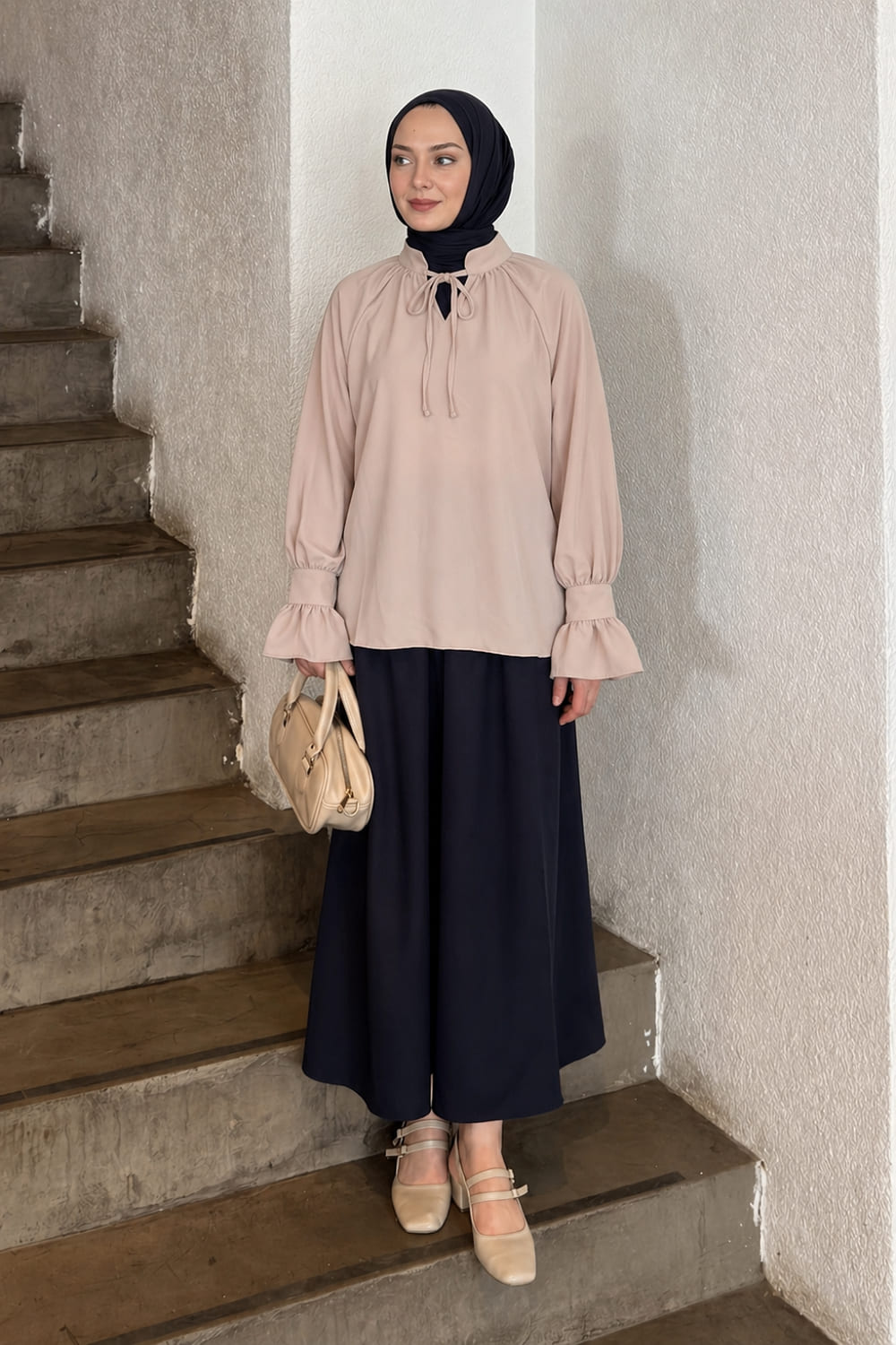 Lamelif Yakası Bağcıklı Bluz Pudra Rengi