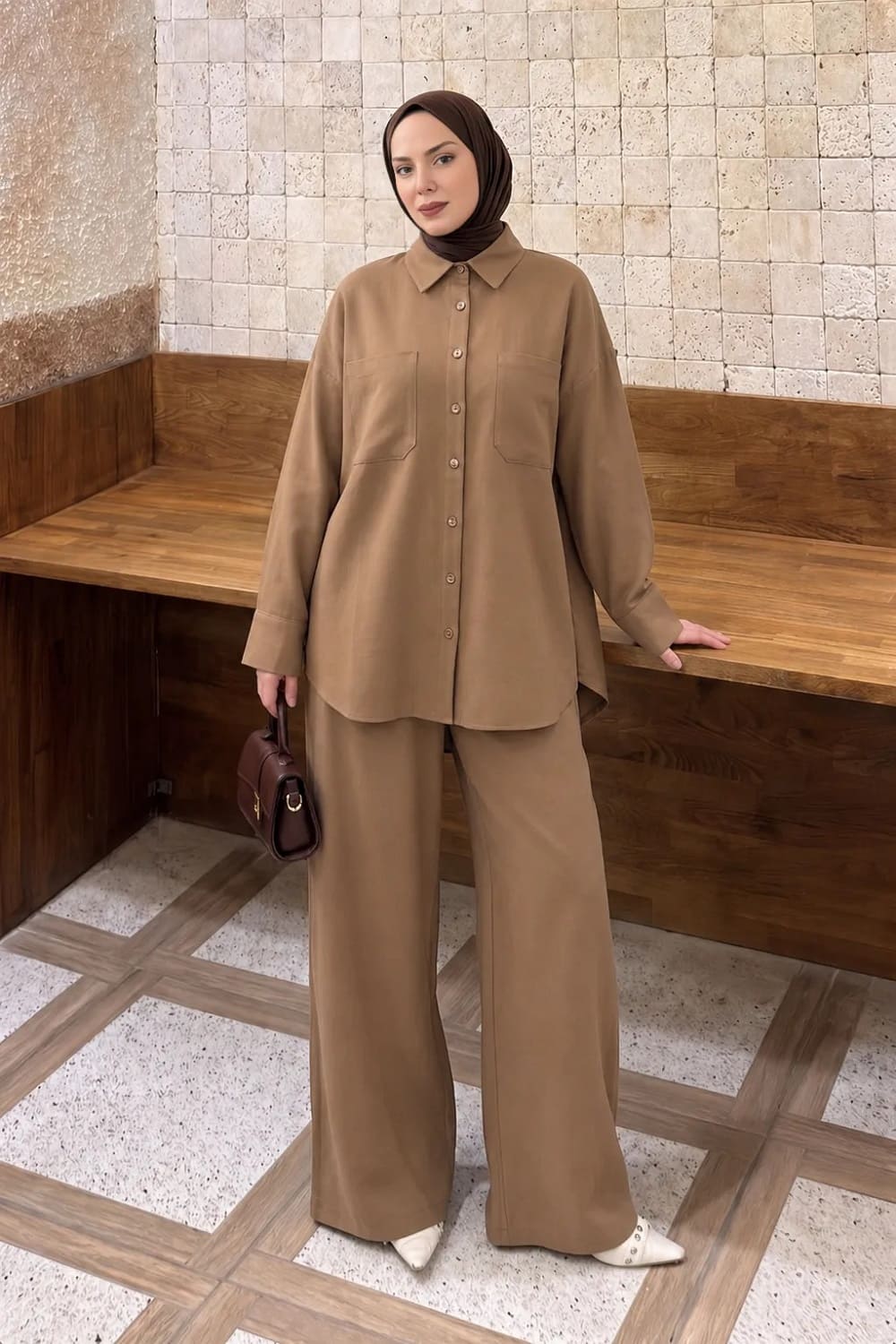 Lamelif Cepli Modal Pantolonlu Takım Taba