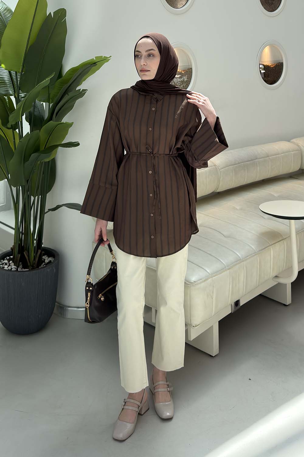 Lamelif Çizgili Bağlamalı Gömlek Acı Kahve