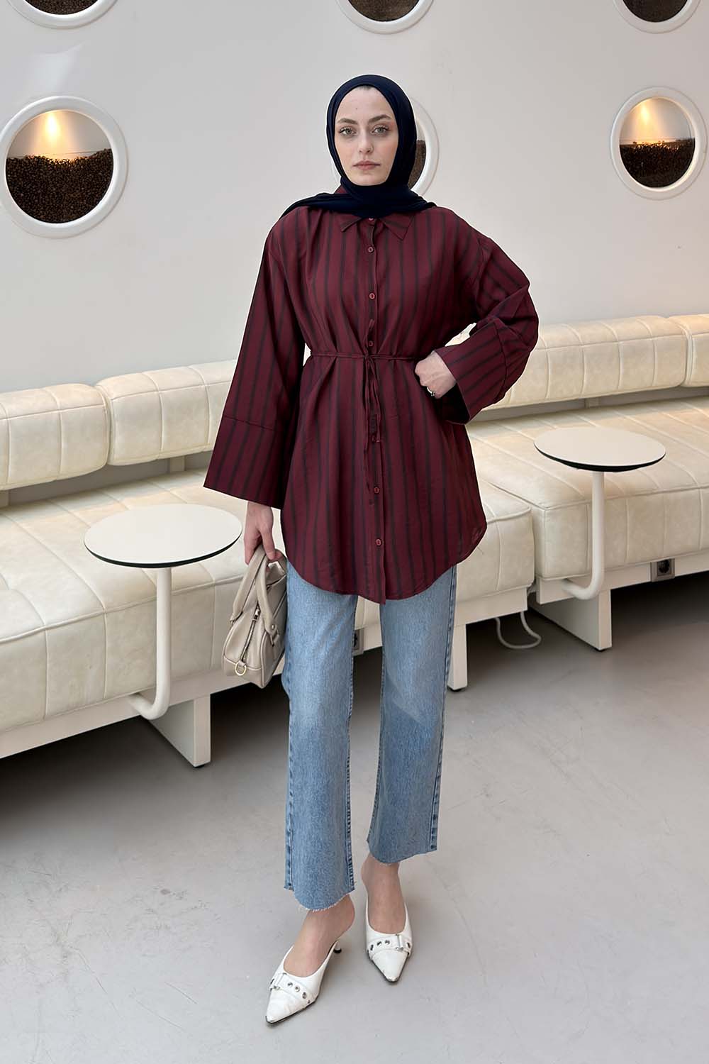 Lamelif Çizgili Bağlamalı Gömlek Bordo