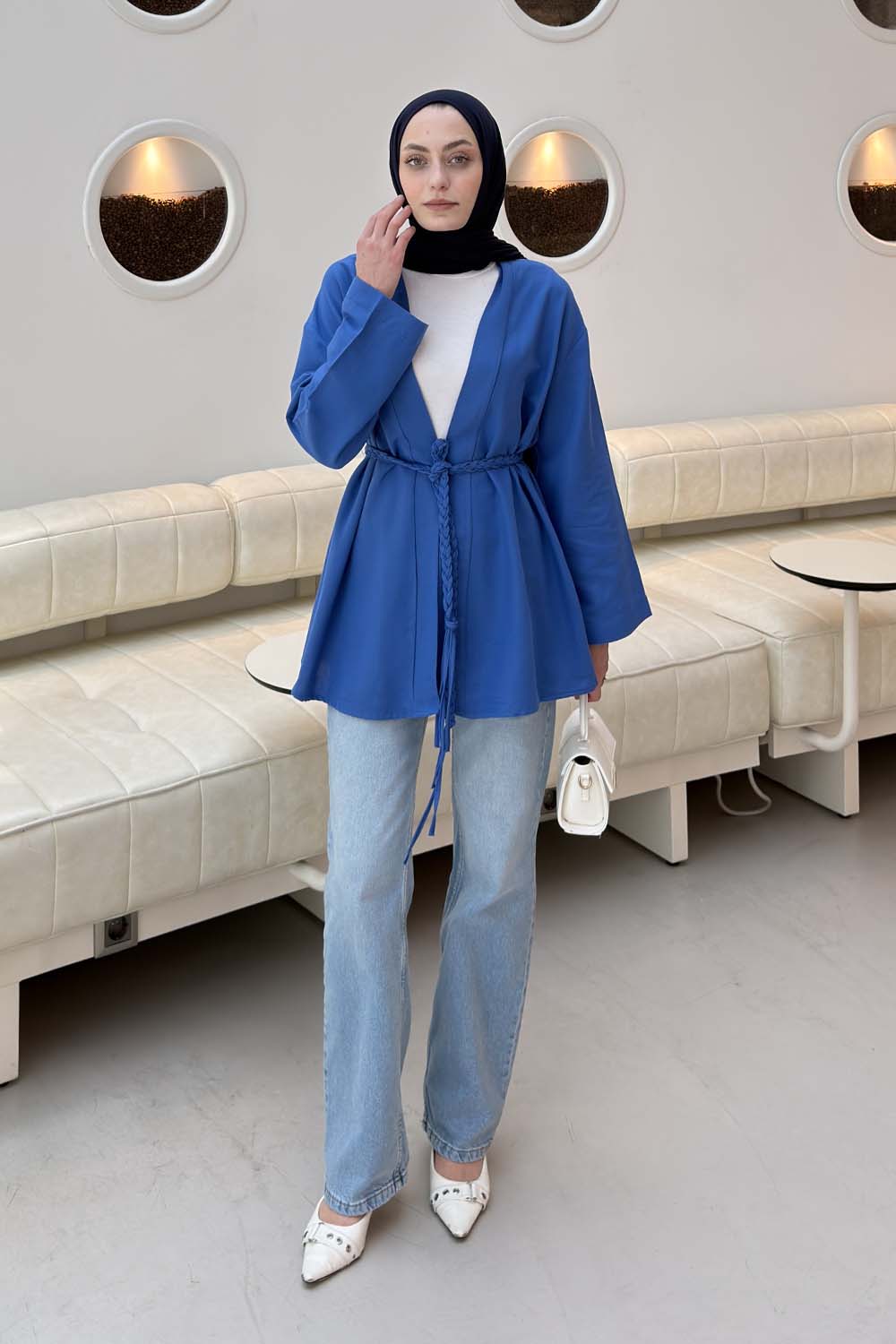 Lamelif Örgü Bağlamalı Kimono Ceket Saks Mavisi