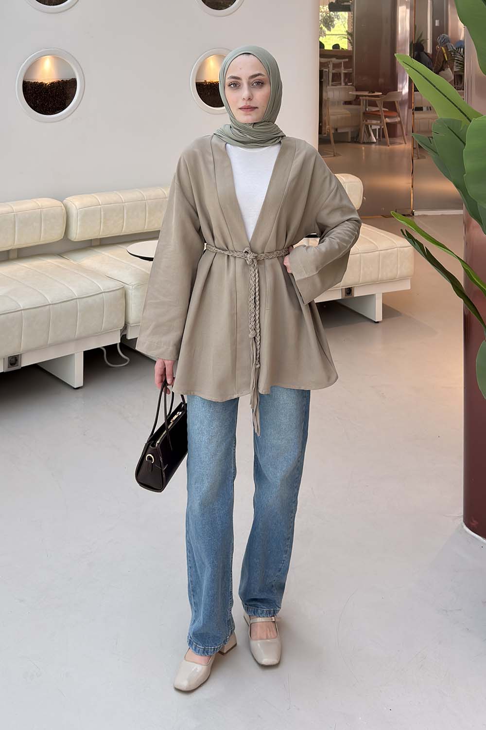 Lamelif Örgü Bağlamalı Kimono Ceket Vizonrengi