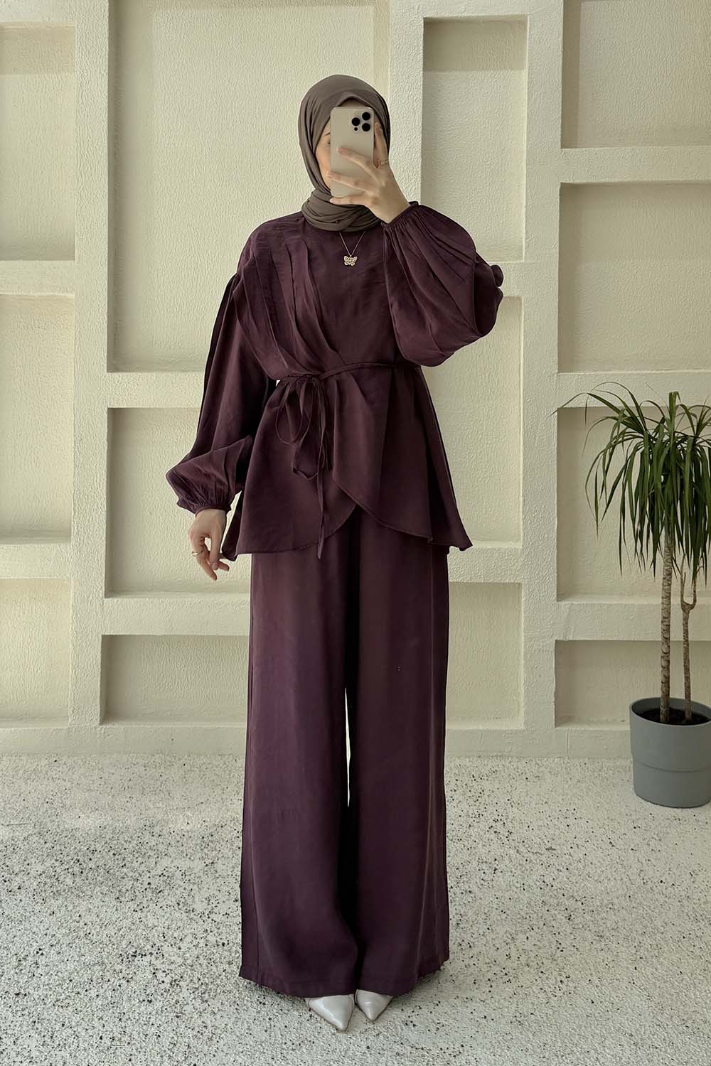 Lamelif Asimetrik Bağlama Detaylı Pantolonlu Takım Mürdüm