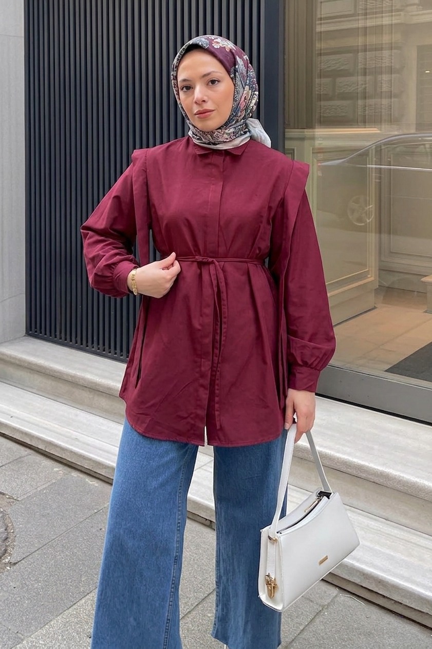 Lamelif Bel Bağlamalı Omuz Vatkalı Gömlek Bordo
