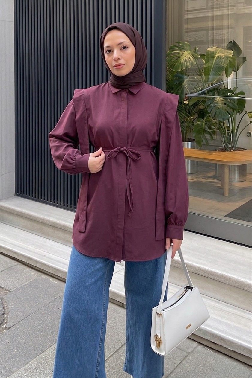 Lamelif Bel Bağlamalı Omuz Vatkalı Gömlek Mürdüm