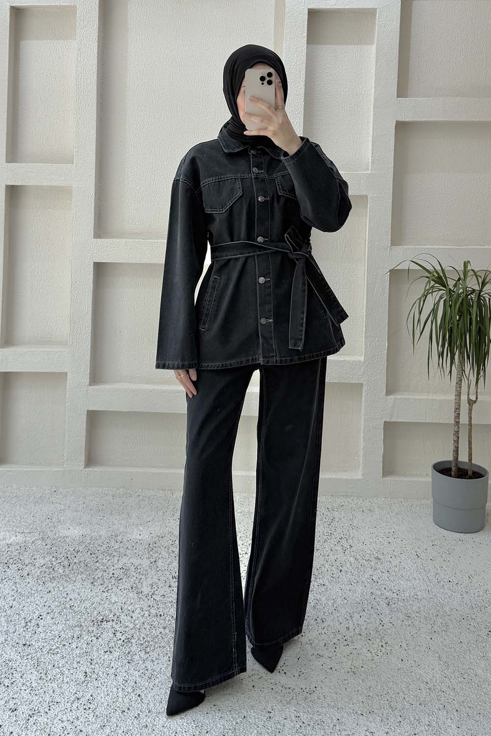 Lamelif Denim Ceket-Pantolon İkili Takım Füme