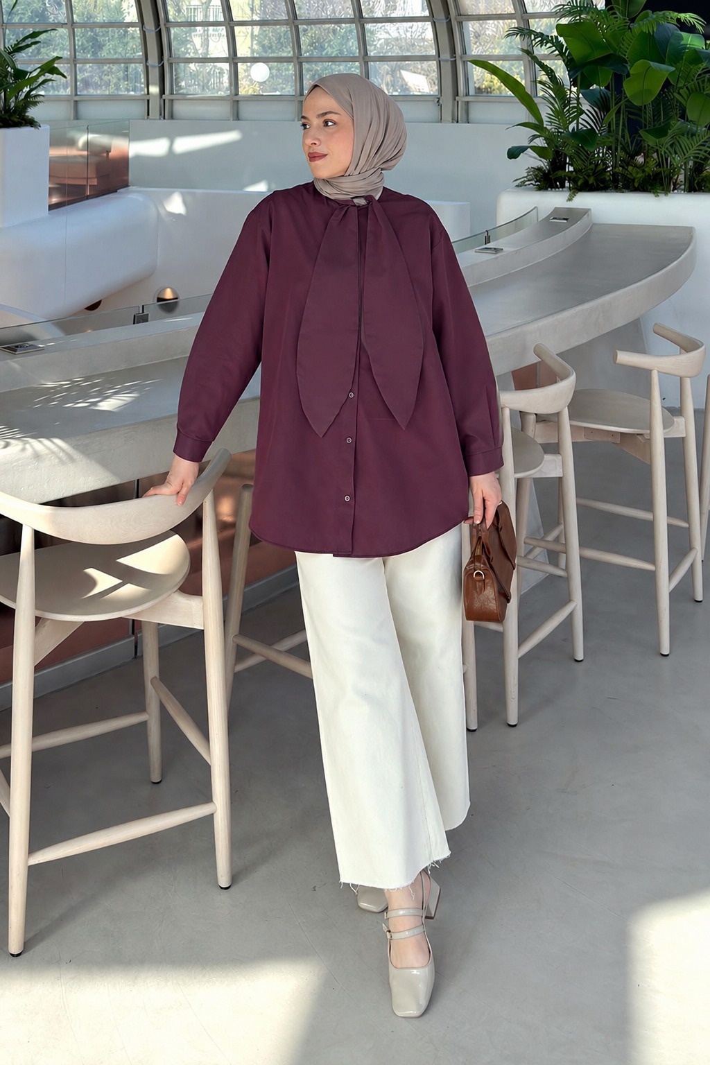 Lamelif Fular Detaylı Gömlek Mürdüm