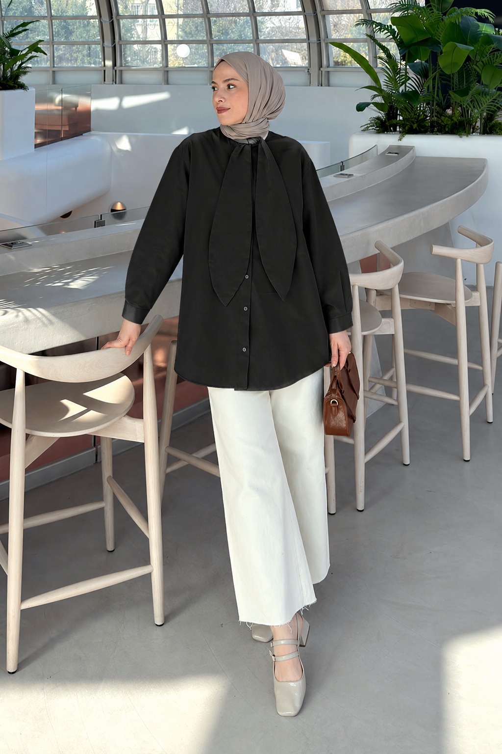 Black Foulard Neck Long Arm Cotton Shirt