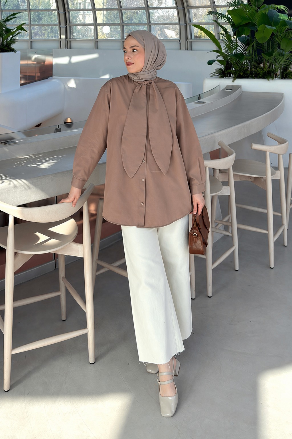 Lamelif Fular Detaylı Gömlek Soft Kahve