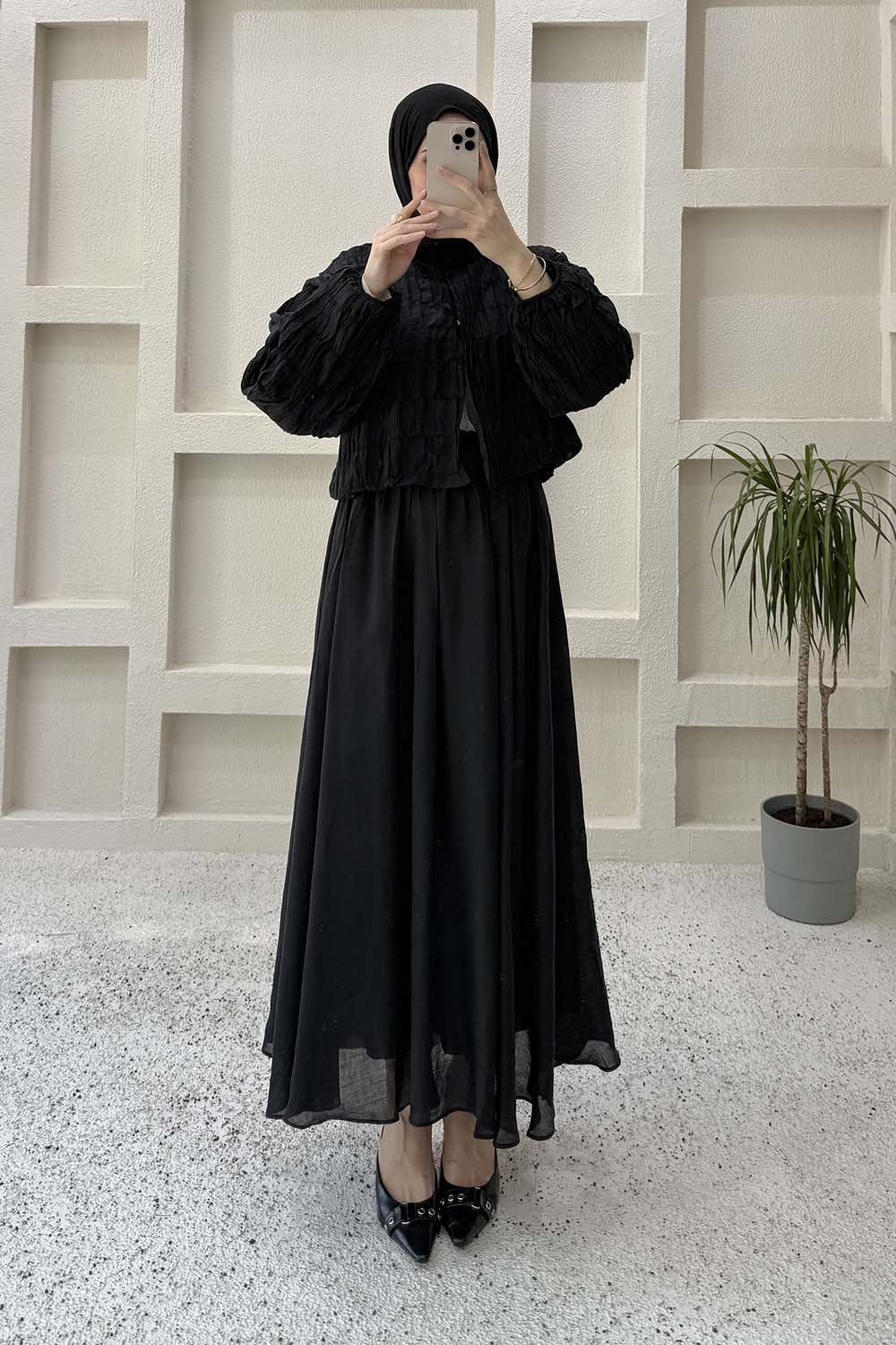 Lamelif Gofre Dokulu Ceket-Etek Takım Siyah