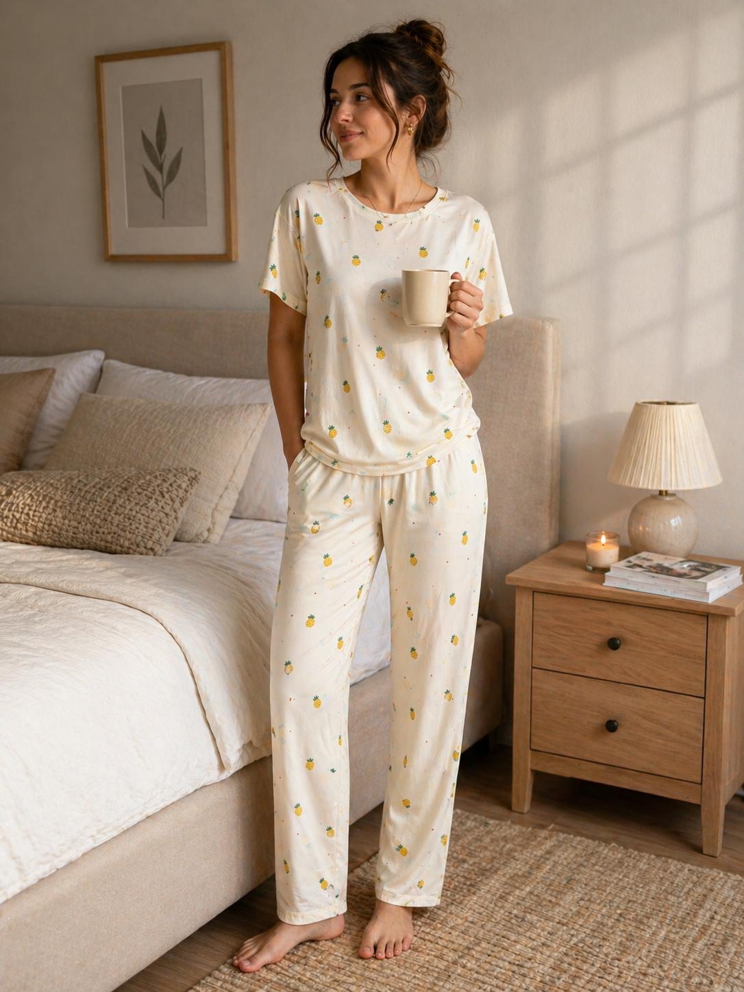 Lamelif Kadın Milan Kumaş Ananas Baskı Pijama Takımı