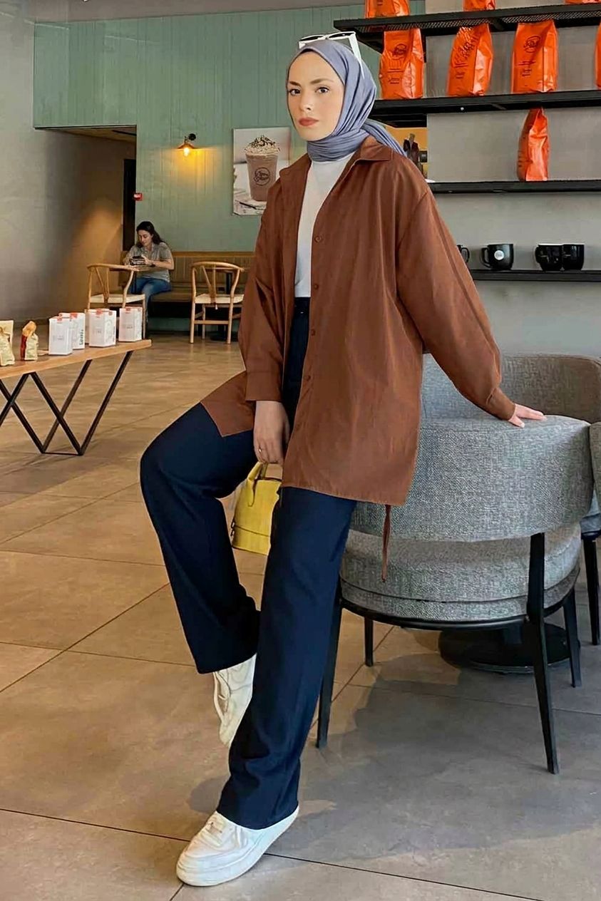 Lamelif Oversize Gömlek Acı Kahve