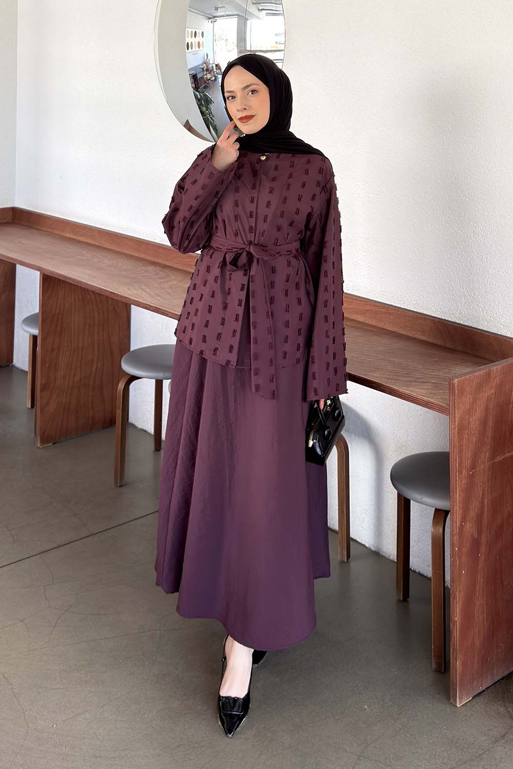 Lamelif Jakarlı Püskül Detaylı İkili Takım Mürdüm