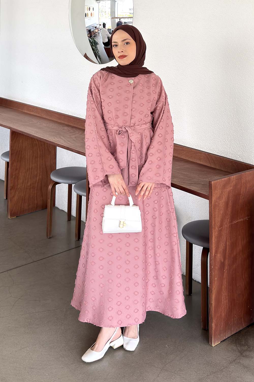 Lamelif Kabartma Nakış İşlemeli Etekli Takım Pembe
