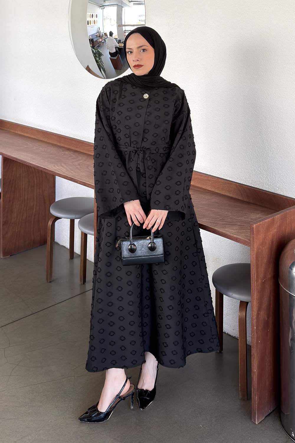 Black Crew Neck Long Arm Cotton Straight Skirt Suit