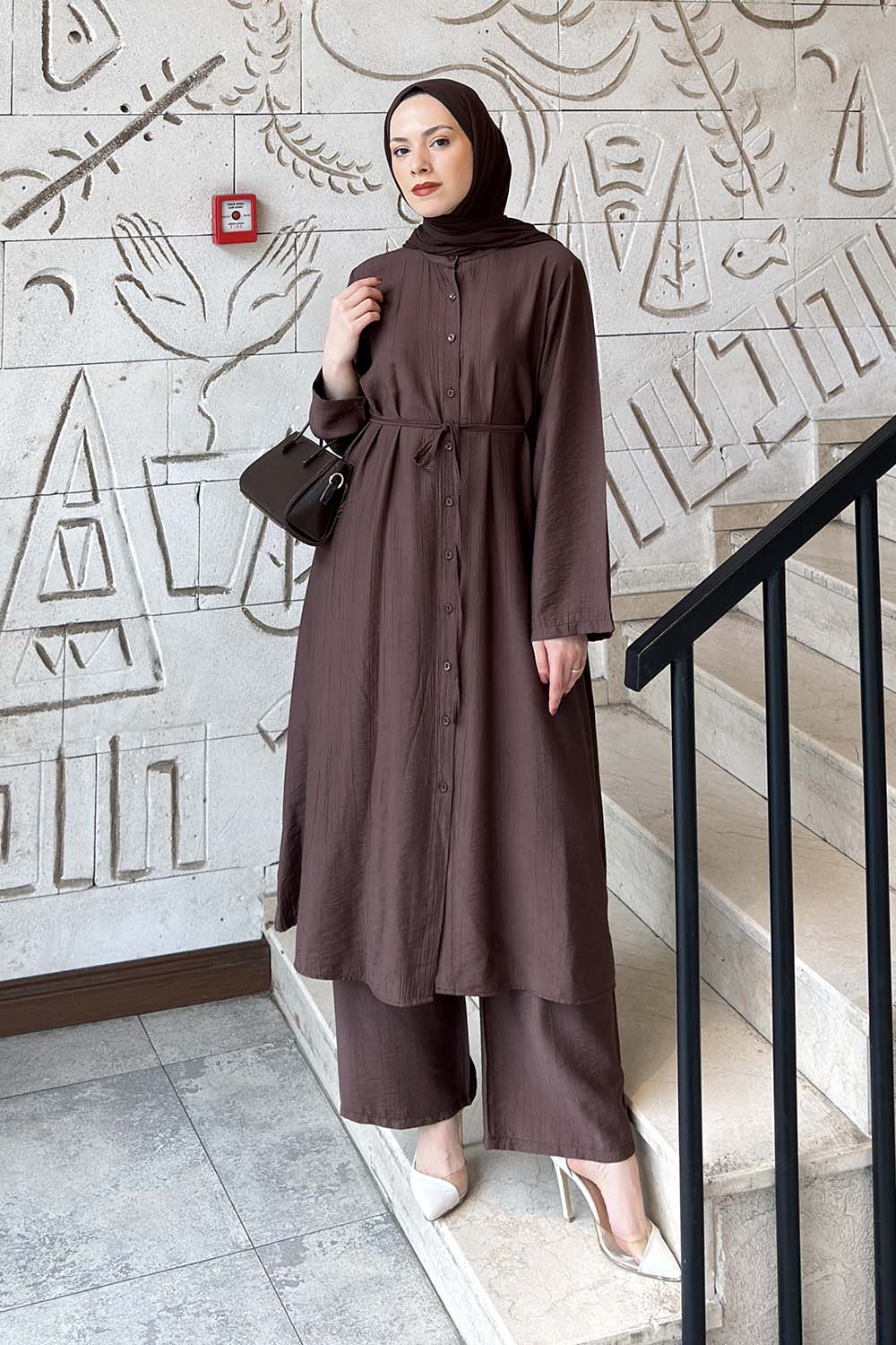 Lamelif Bağlama Detaylı Tunik-Pantolon Takım Acı Kahve