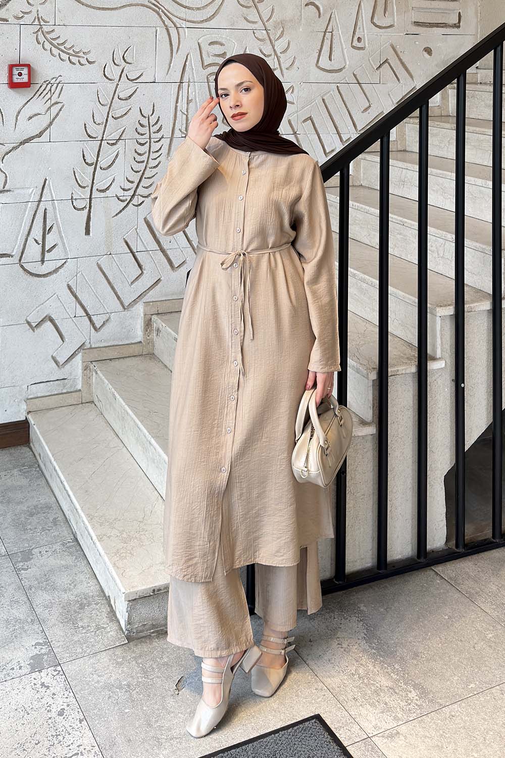 Lamelif Bağlama Detaylı Tunik-Pantolon Takım Vizonrengi