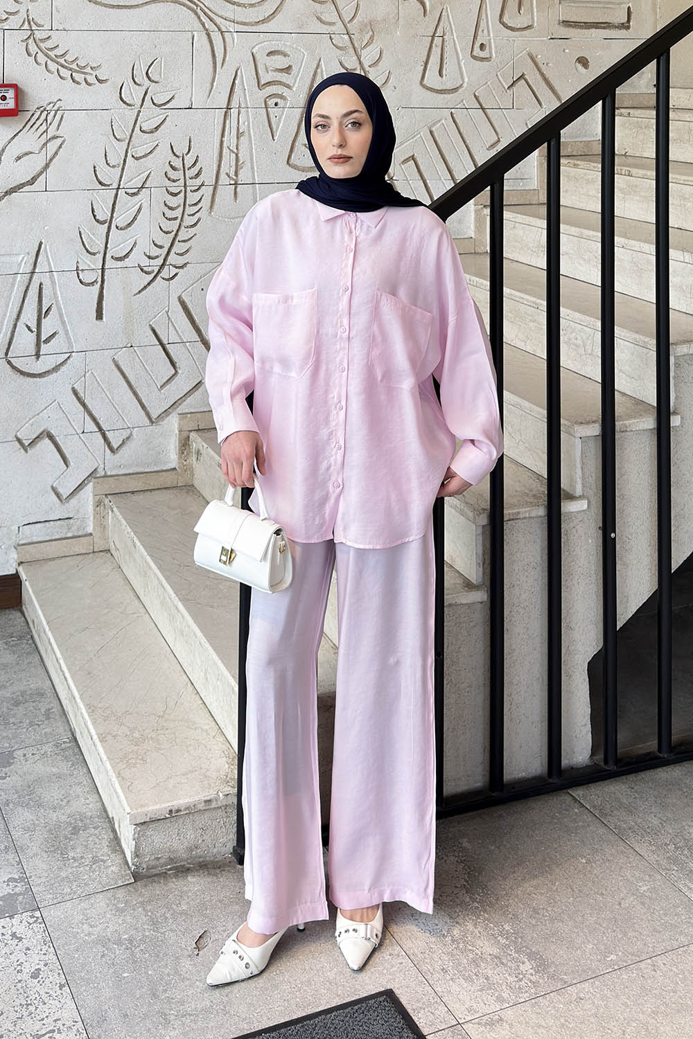 Lamelif Cepli Modal Pantolonlu Takım Pembe