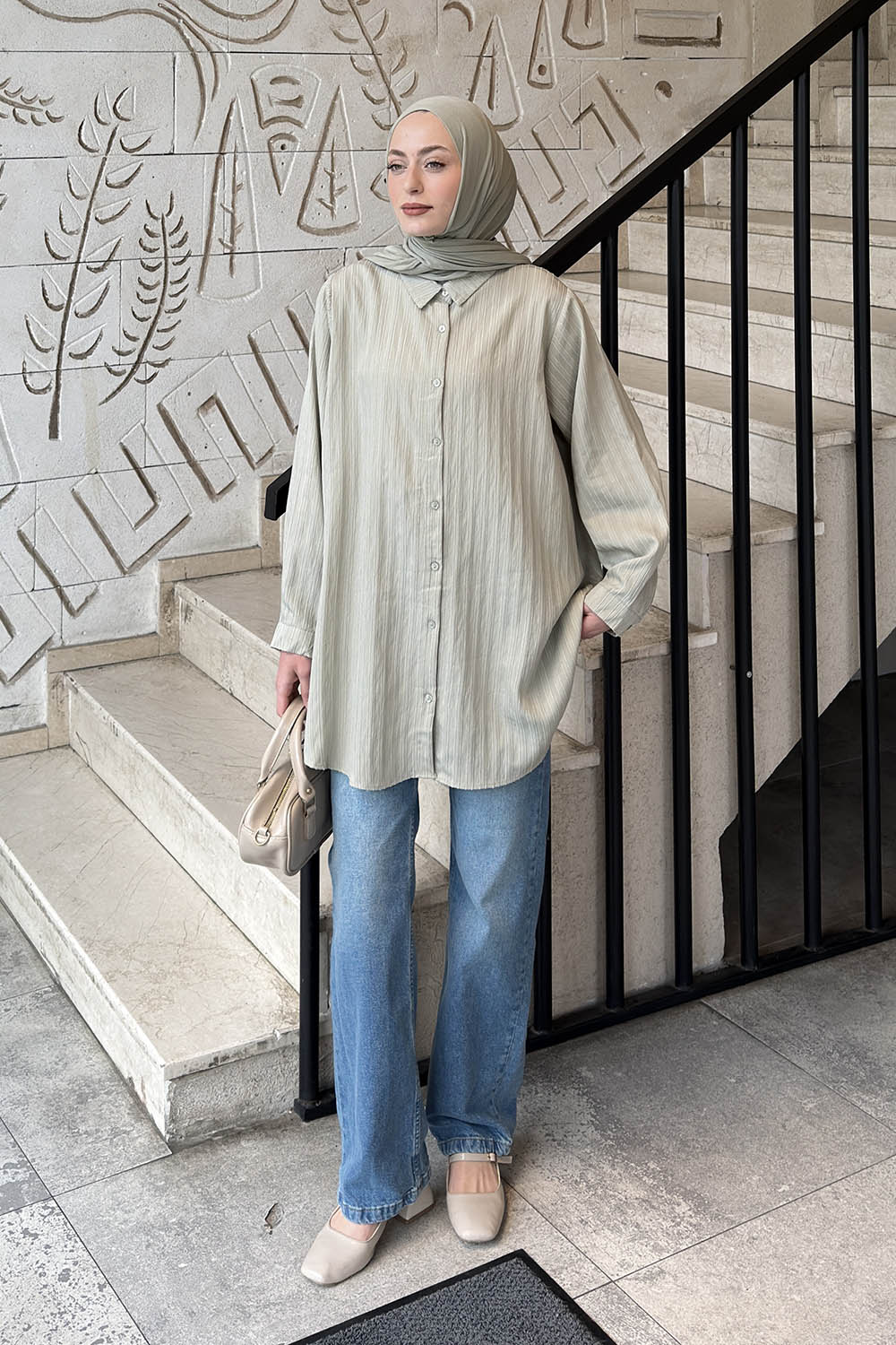 Mint Green Shirt Collar Long Arm Cotton Shirt