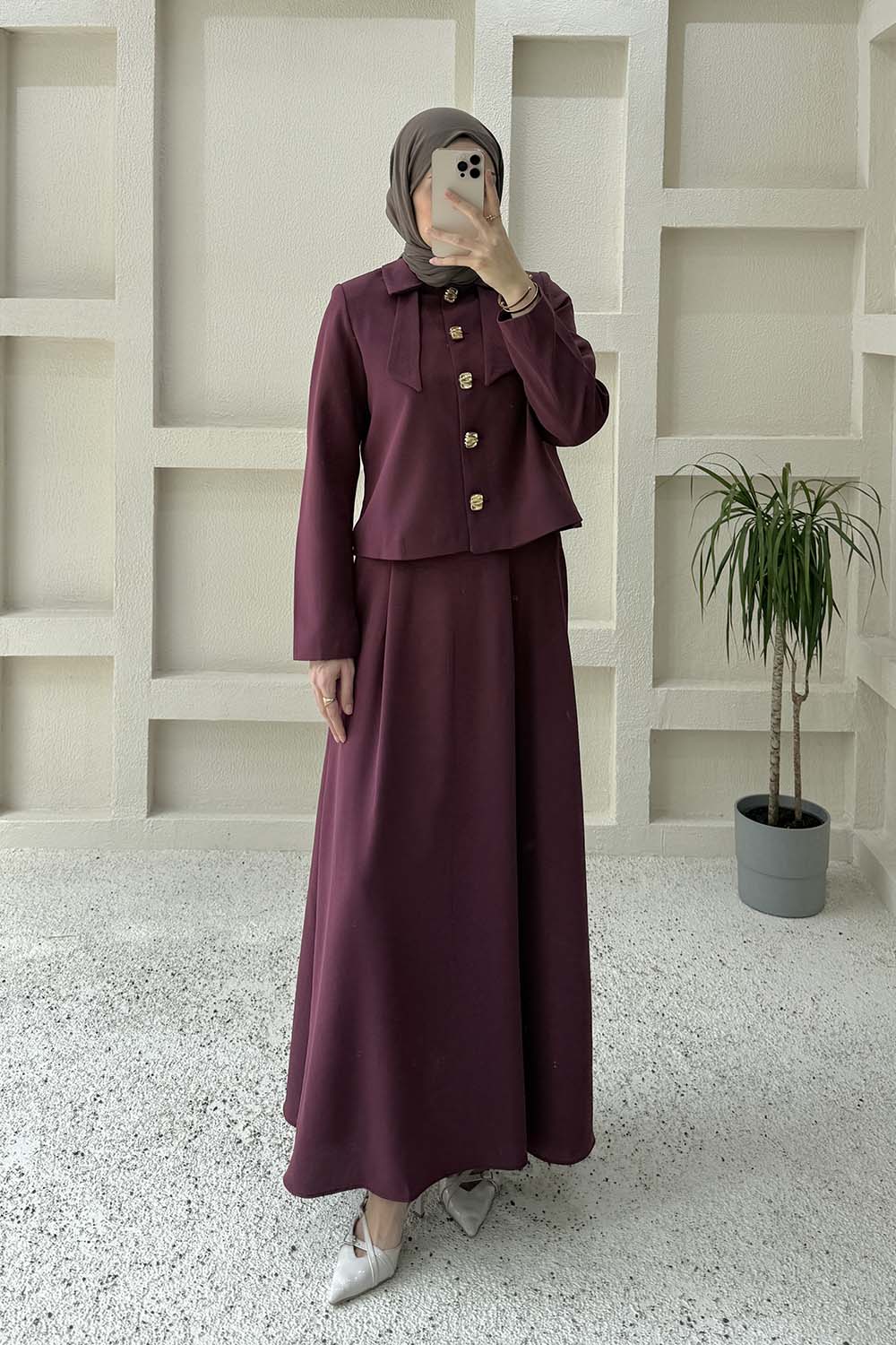 Lamelif Fiyonk Görünümlü Çift Yaka Takım Mürdüm