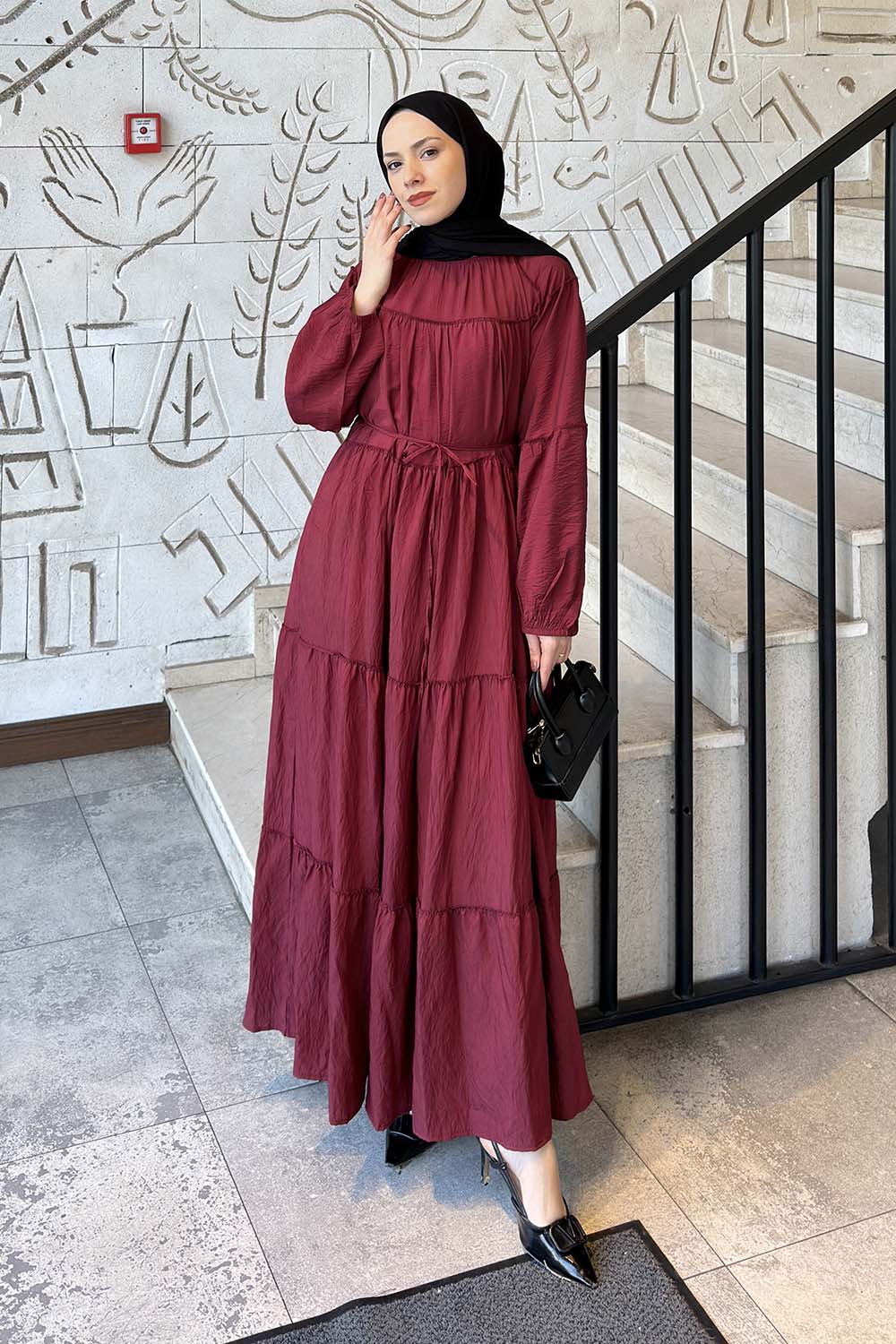 Lamelif Kat Detaylı Bağlamalı Elbise Bordo