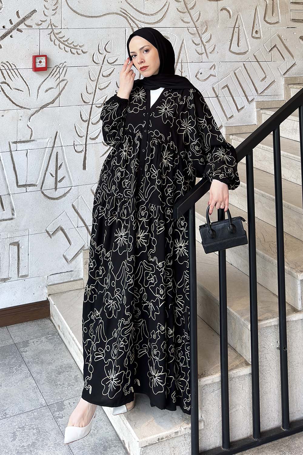 Lamelif Katleya Model İşlemeli Elbise Siyah