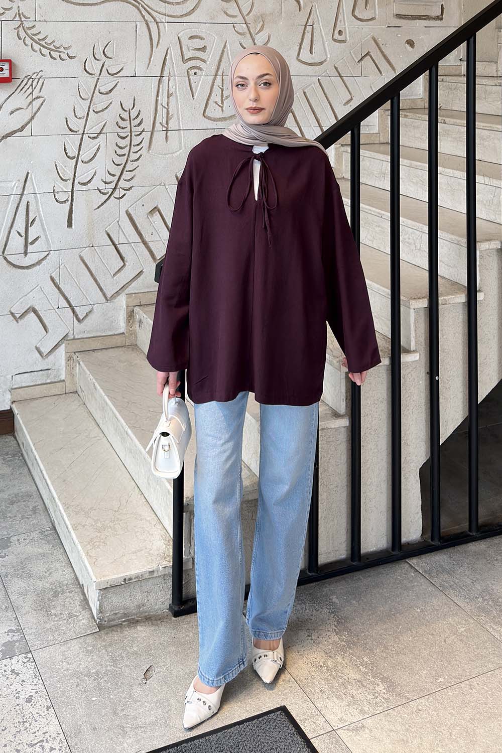 Plum Mandarin Collar Long Arm Linen Shirt