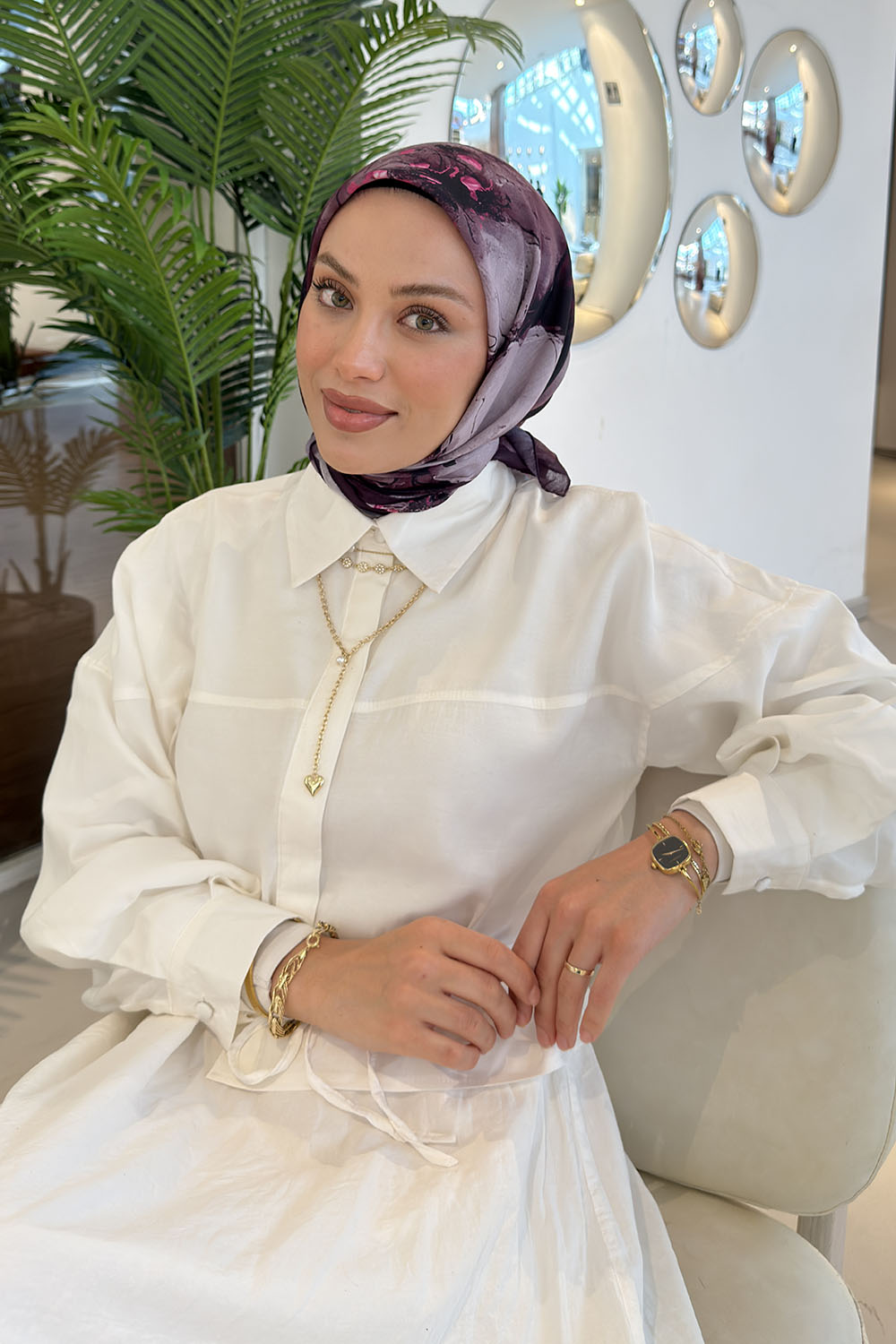 Lamelif Bohem Çiçek Desen Soft Eşarp Mürdüm