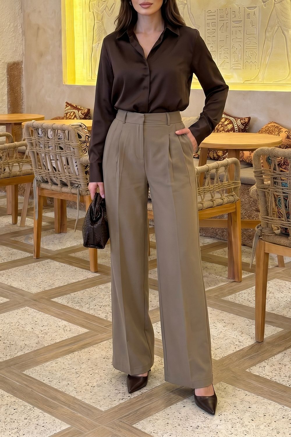 Khaki Polyester High Waist Material Pants