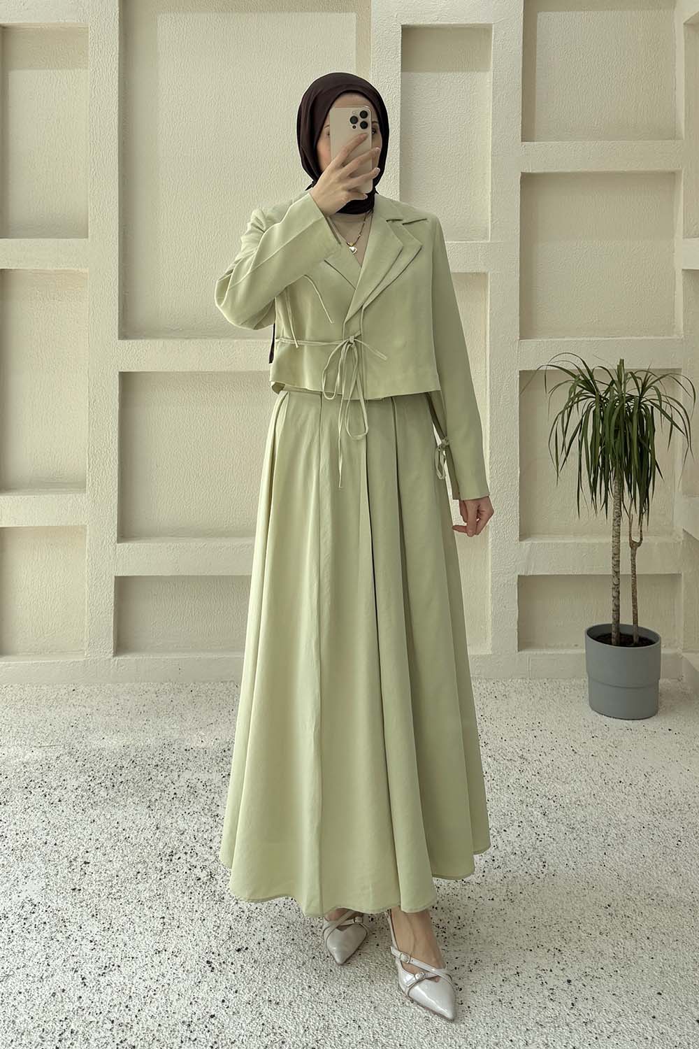 Lamelif Çift Yakalı Takım Mint Yeşili