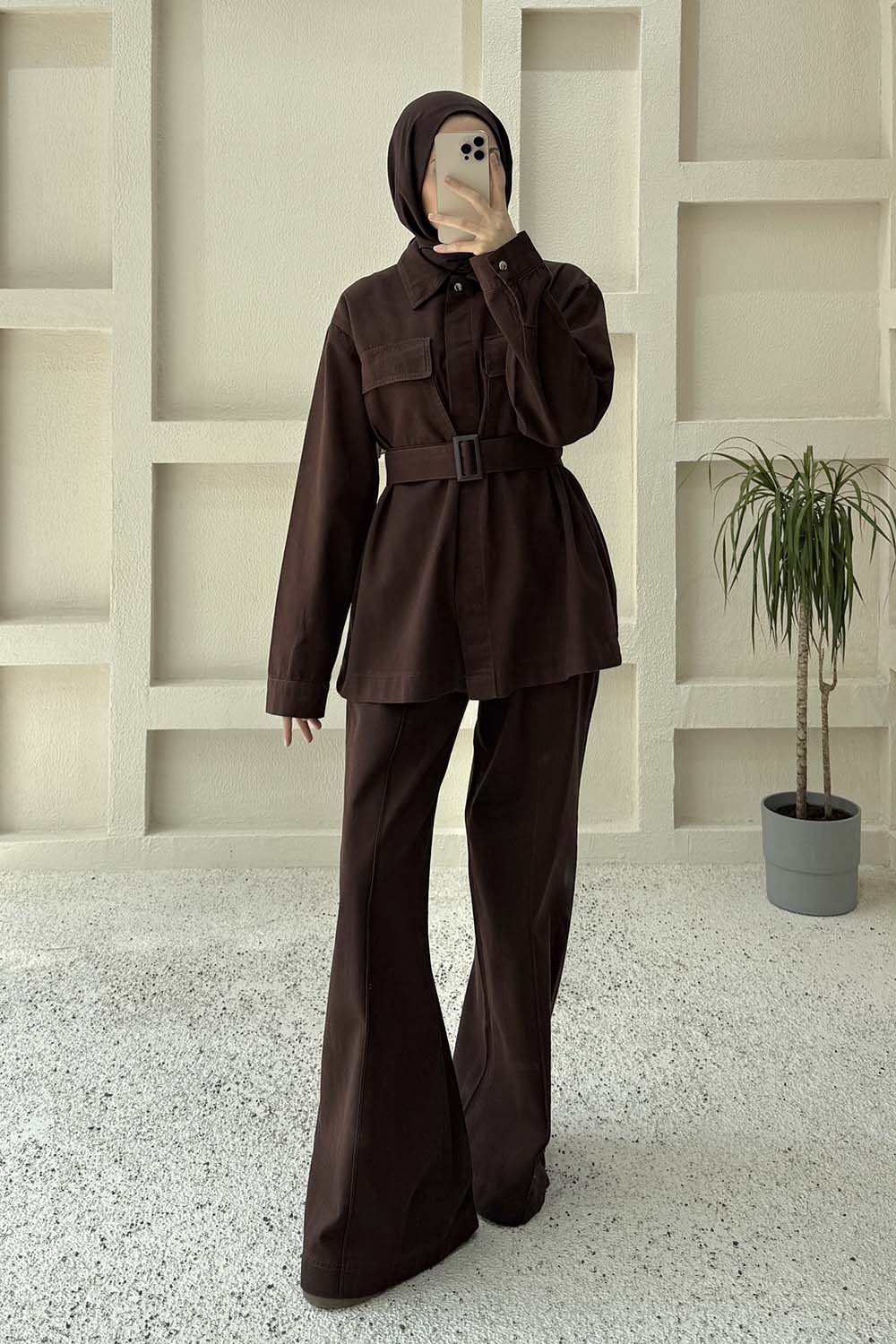 Lamelif Kemerli Denim Takım Kahverengi