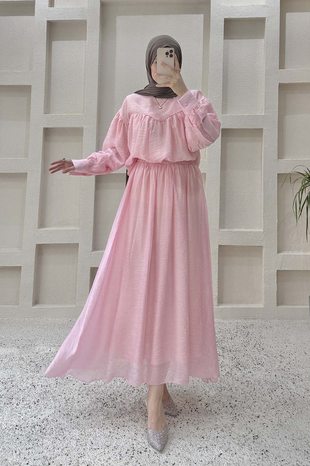 Lamelif Biye Detaylı Etekli Takım Pembe