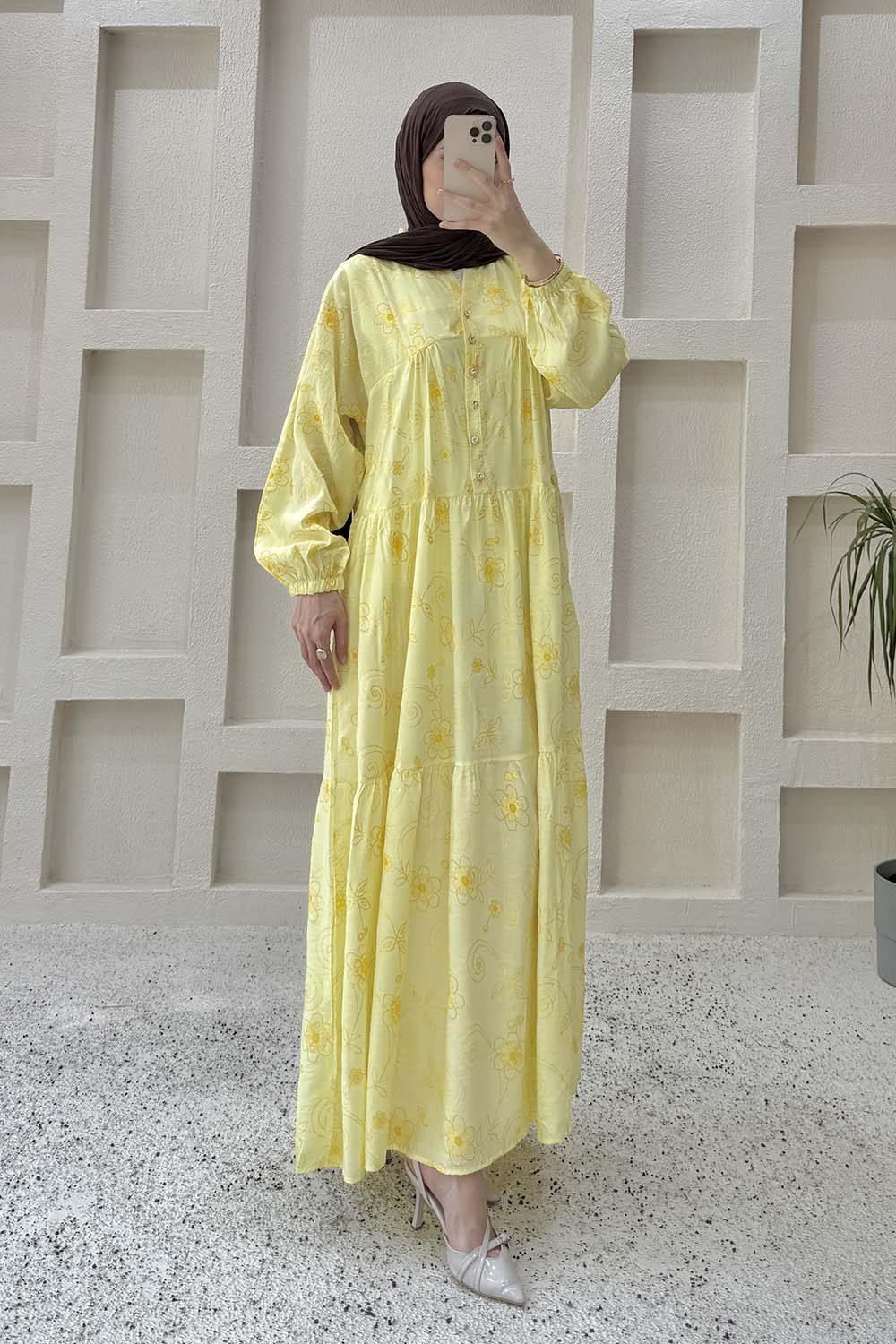 Lamelif Çiçek Desenli Gold Düğmeli Elbise Sarı