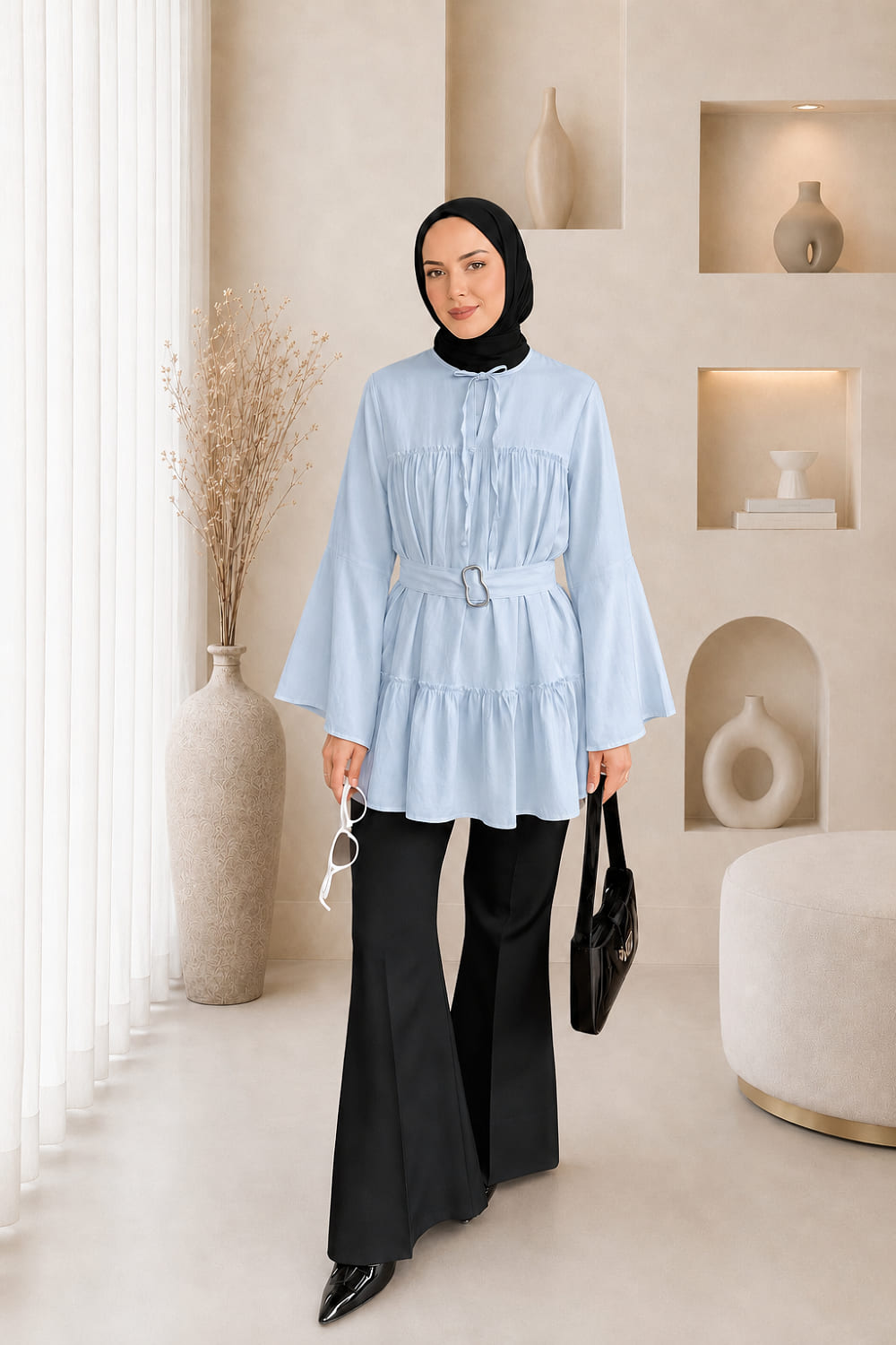 Lamelif Kat Detaylı Bağlamalı Tunik Bebe Mavisi