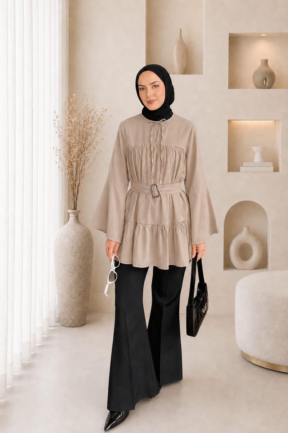 Lamelif Kat Detaylı Bağlamalı Tunik Bej