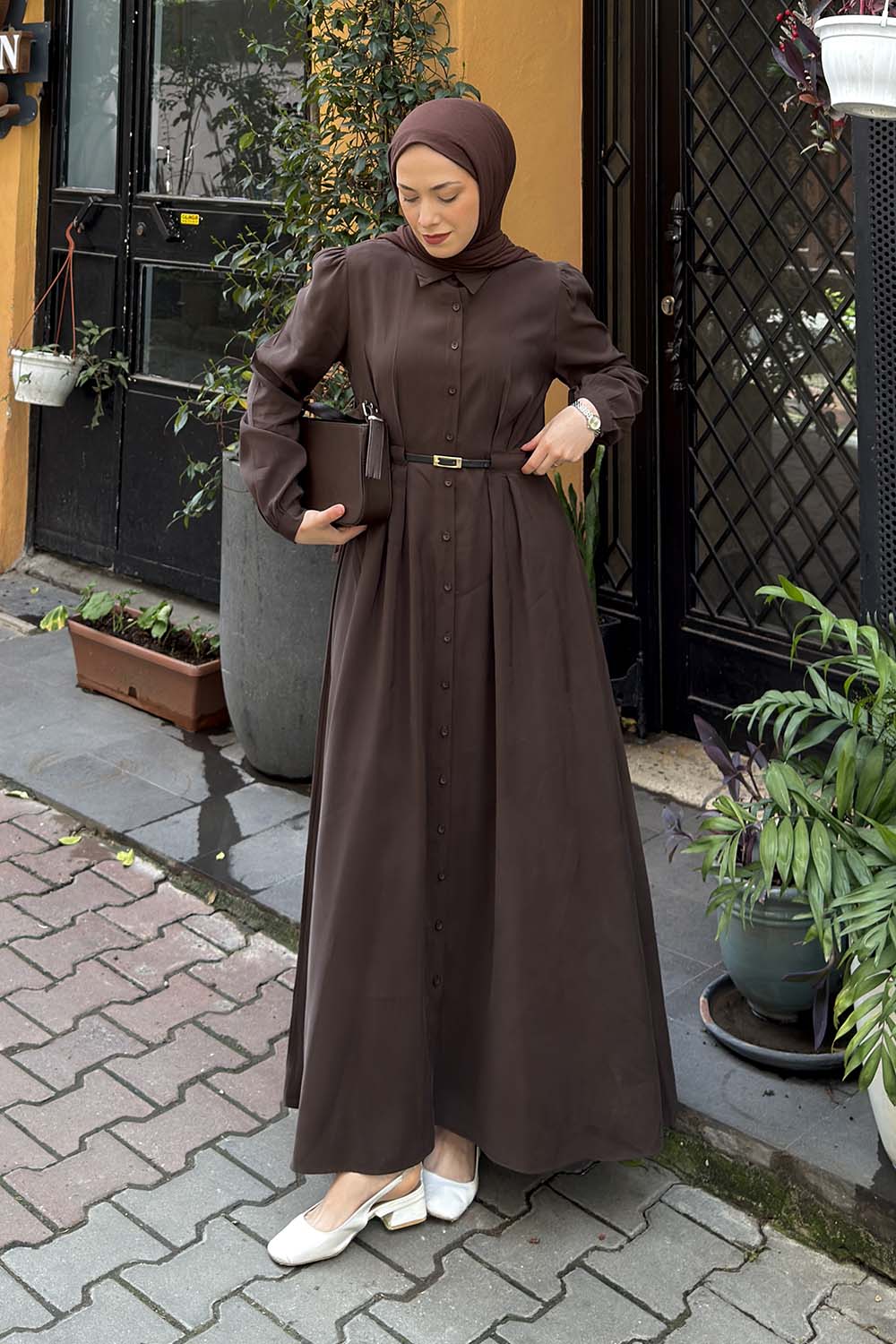 Bitter Brown Shirt Collar Crepe Fabric Unprinted Dresess