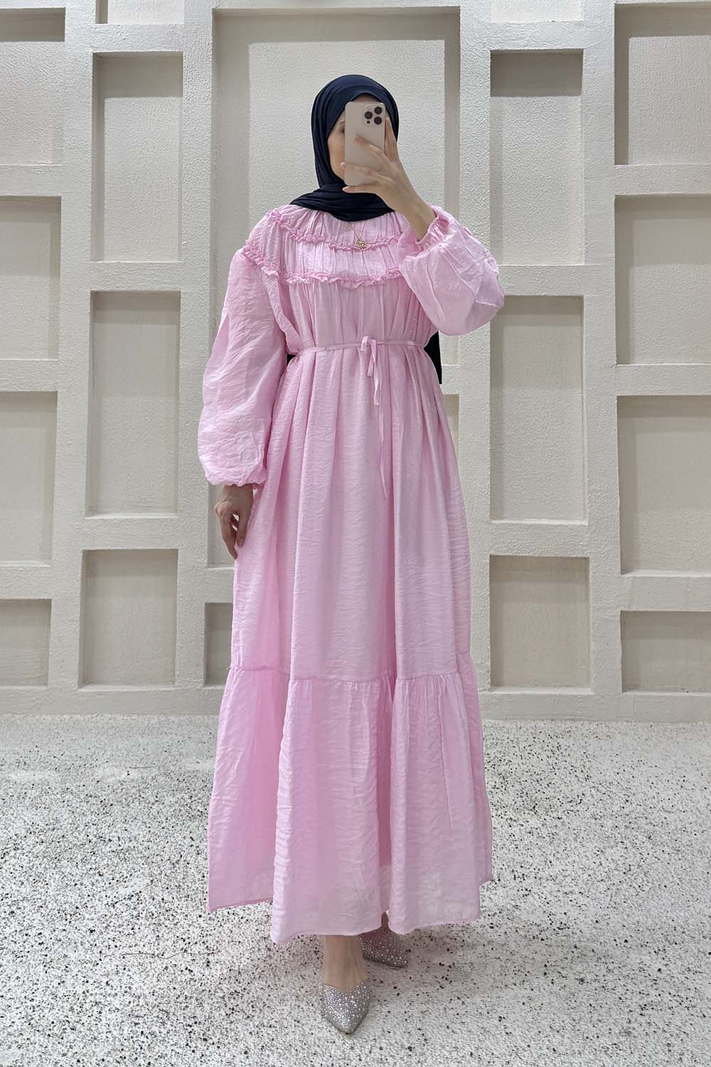Lamelif Robası Fırfırlı Bağlamalı Elbise Pembe