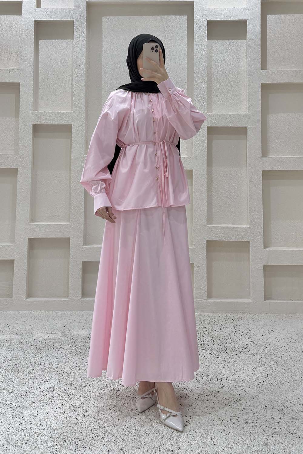 Candy Pink Normal Neck Long Arm Viscose Fabric Straight Skirt Suit