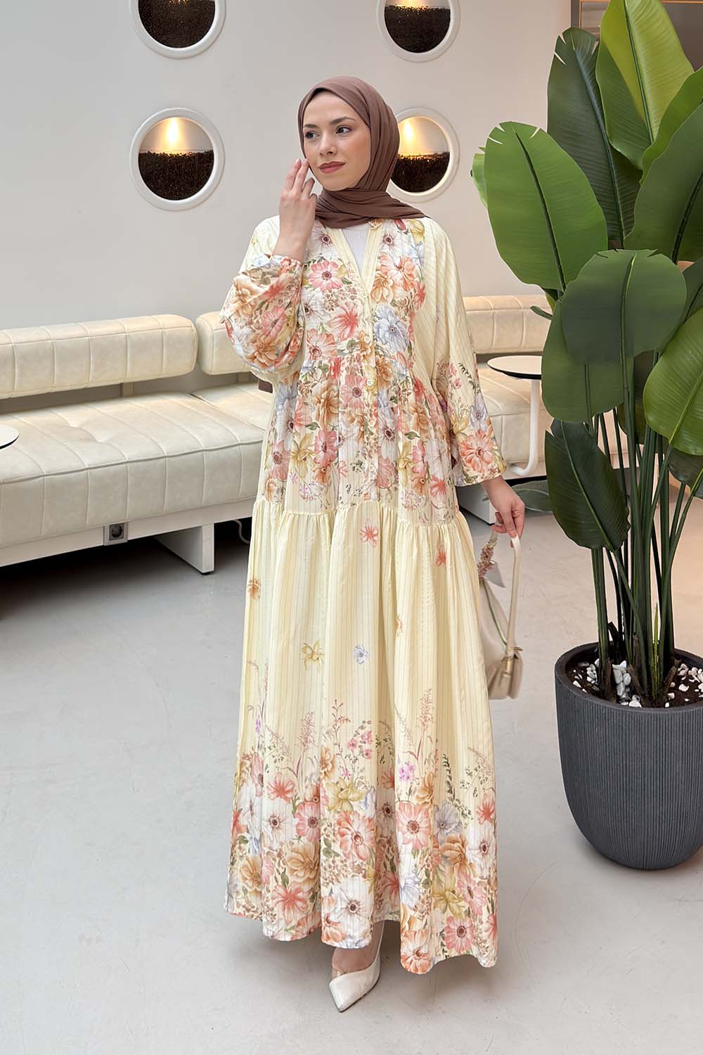 Cream Mandarin Collar Cotton Dresess